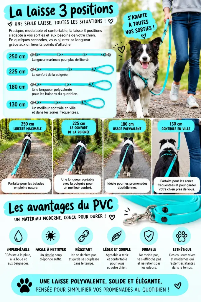 Laisse 3 positions en 2.5 m (PCV/TPUR de haute qualité)